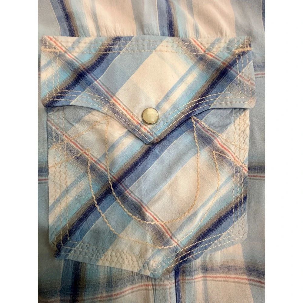 True Religion Mens Western Shirt Blue XXL Plaid Pearl Snap Long Sleeve Cotton